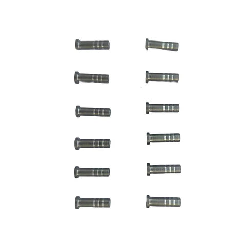 12 Pack Aluminum Arrow Inserts 6.0mm For Carbon Arrows With 8-32 Screw Field Points And Broadheads, arranged on white background