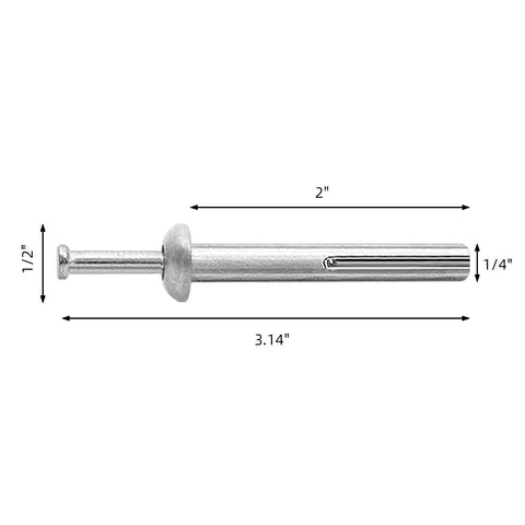 Side view of Hammer Drive Nail In Anchors For Cement Concrete One Quarter Inch Diameter Zinc Alloy 50 Pieces with 2-inch length.