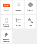Control options for No Sweat Smart Fingerprint Lock: WiFi, password, fingerprint, IC card, emergency power port.