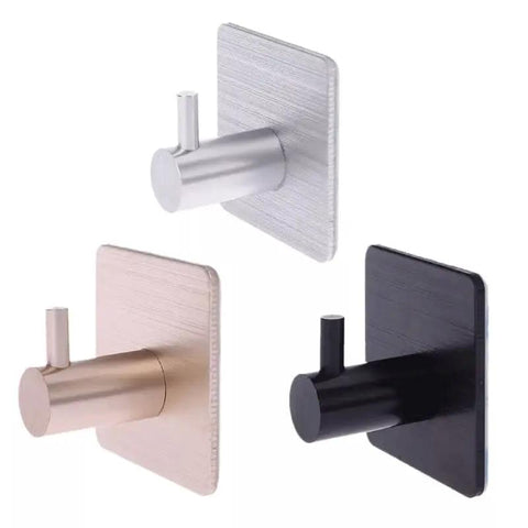 Heavy Duty Aluminum Alloy Wall Hooks With Peel And Stick Adhesive For Zero Drill Hassle in silver, gold, and black finishes.