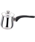 Turkish Coffee Pot And Butter Warmer Pan Stainless Steel 720ml Multiuse Melt Pot with black handle, side view.