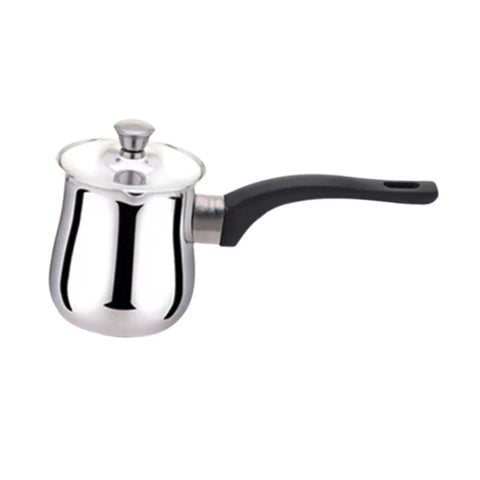 Turkish Coffee Pot And Butter Warmer Pan Stainless Steel 720ml Multiuse Melt Pot with black handle, side view.