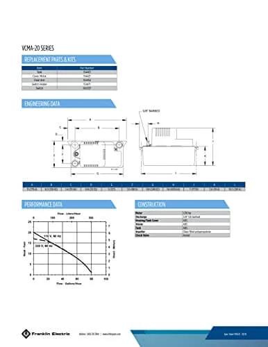 Technical specifications of 115 Volt Automatic Condensate Removal Pump For HVAC Refrigeration And Dehumidifiers With 80 GPH Capacity, 1/30 HP Thermally Protected Motor, Vertical Type Switch To Minimize Footprint, Overflow Detection Switch, 6 Foot Cord White And Black Model 554425.