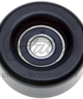 Drive align belt idler pulley, Gates 38006, black plastic housing with metal bearing, front view