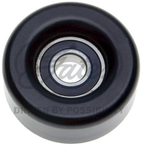 Drive align belt idler pulley, Gates 38006, black plastic housing with metal bearing, front view