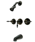 Three Handle Tub And Shower Faucet In Oil Rubbed Bronze, Heavy Duty Brass Construction, Wall Mount Installation, Washerless Cartridge