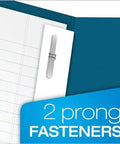 Close-up of Blue Two Pocket Folders With Two Fasteners For Letter Size Papers Holds Up To 135 Sheets Includes Die Cut Business Card Pocket 25 Folders Per Box Great For School And Office Use Workhorse showing fasteners and notebook paper inside.
