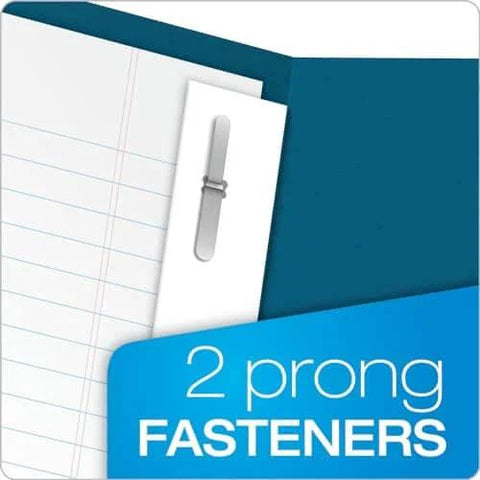 Close-up of Blue Two Pocket Folders With Two Fasteners For Letter Size Papers Holds Up To 135 Sheets Includes Die Cut Business Card Pocket 25 Folders Per Box Great For School And Office Use Workhorse showing fasteners and notebook paper inside.