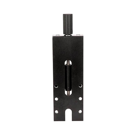 Ray5 laser module lift stand, front view, black metal with top knurled knob and vertical slider