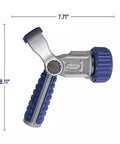 Heavy Duty Seven Pattern Firemans Hose Nozzle With Adjustable Pressure Rust Proof Yard Sprayer, aluminum handle and blue rubber grip.