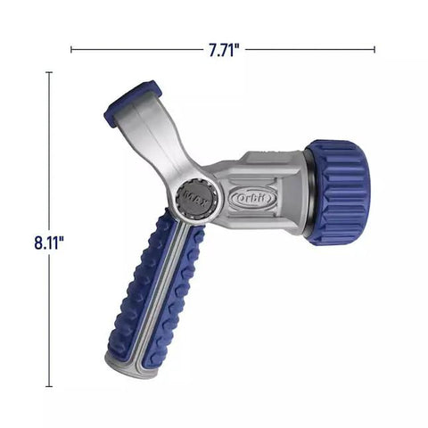 Heavy Duty Seven Pattern Firemans Hose Nozzle With Adjustable Pressure Rust Proof Yard Sprayer, aluminum handle and blue rubber grip.