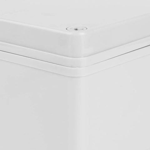 Built Tough Weatherproof Outdoor Junction Box With Mounting Plate For Electrical Distribution ABS Plastic IP67 Waterproof Enclosure Heavy Duty DIY Electrical Box 200mm By 150mm By 100mm white ABS corner close-up