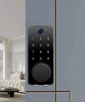 Hassle Free Biometric Smart Deadbolt Lock Delivers Snappy Fingerprint Scanning And Slick Keypad Access For Zero Drama Keyless Entry Front Door Security Upgrade, close-up of touchscreen keypad.