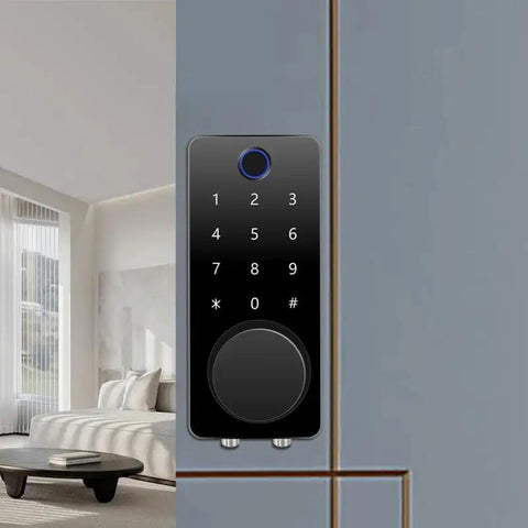 Hassle Free Biometric Smart Deadbolt Lock Delivers Snappy Fingerprint Scanning And Slick Keypad Access For Zero Drama Keyless Entry Front Door Security Upgrade, close-up of touchscreen keypad.