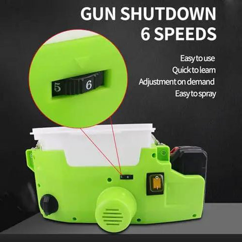 Rock Solid Cordless Airless Paint Sprayer With Easy Peasy Setup And Top Shelf Flow For Indoors And Exterior Walls Features 500W Brushless Motor And Slick One Point Seven Liter Tank In Vibrant Green showing six-speed adjustment dial.