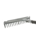 60 Inch Pro Garden Rake with Lightweight Aluminum Handle ideal for soil, heavy duty tool with welded head and hardened tines, side view.