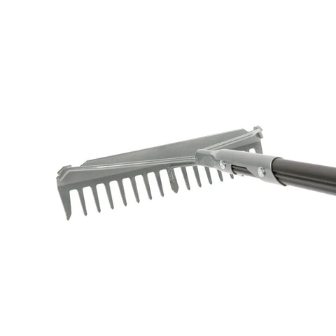 60 Inch Pro Garden Rake with Lightweight Aluminum Handle ideal for soil, heavy duty tool with welded head and hardened tines, side view.