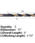 Side view of Amazon 6-piece twist drill bits set, 1/2-inch diameter, black and gold.