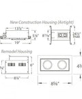 Dimensions of LED Recessed Can Light With Three Light Trim And New Construction Housing Featuring Integrated Light Engine for smooth dimming.