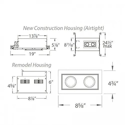 Dimensions of LED Recessed Can Light With Three Light Trim And New Construction Housing Featuring Integrated Light Engine for smooth dimming.