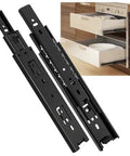 Rock Solid Eight Inch Full Extension Drawer Slides One Pair Side Mount Ball Bearing Rails With Super Smooth Action and Plug And Play Install in black finish.