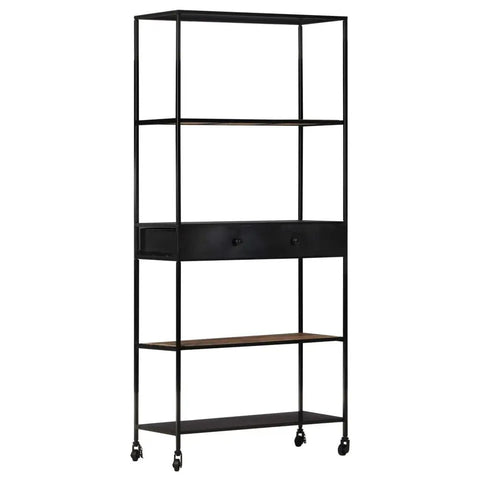 Industrial Style Mango Wood Book Cabinet With Four Shelves And One Drawer, dope storage for books, magazines, DVDs and decor.