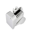 Refrigerator Ice Maker Assembly Replacement Kit With Housing Plug In OEM Quality Direct Fit For Select GE Models Includes Complete Ice Maker Unit Part WR49X31524 Compatible, white plastic unit viewed from side angle