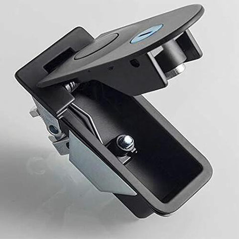 Sealed compression latch, black powder-coated zinc alloy, flush-mount with trigger lever, front view