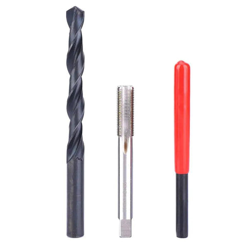 17 Piece Stainless Steel Thread Repair Kit With Drill Bit Twisted Drill Tap Wrench And M10x1 Threaded Inserts components on white background