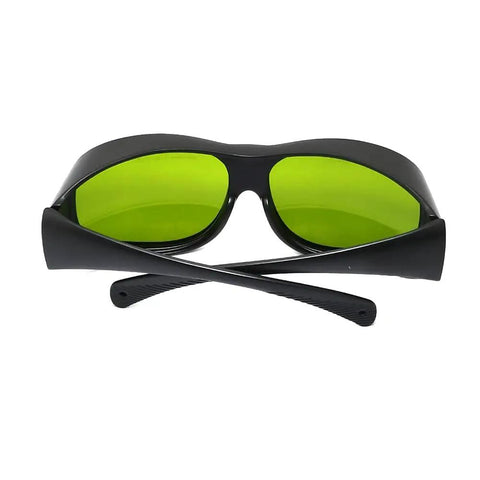 Top Shelf Tough Infrared Laser Safety Glasses Featuring Heavy Duty OD Five Plus And OD Seven Plus Shielding For ND YAG And Diode Lasers Spanning 720 To 1100 Nm Wavelengths Crisp Clear Vision with curved green lenses.