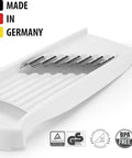 Front view of white Börner Wave-Waffle XXL Power Line vegetable slicer with stainless-steel blades.
