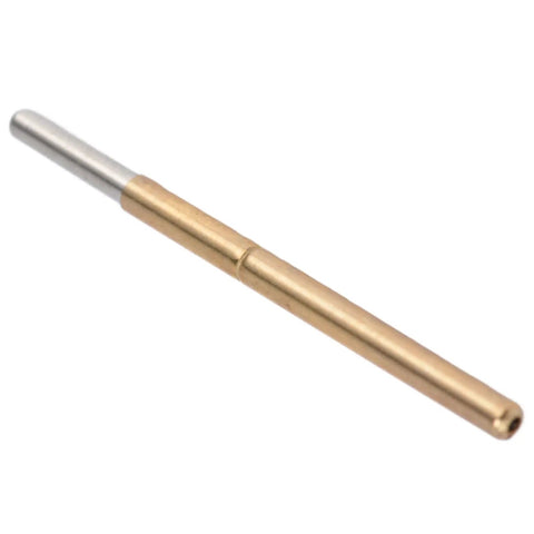 Top Shelf 100 Piece Round Spring Pogo Pin Set With Heat Resistant Brass Plunger And Durable Stainless Steel Coil. Brass plunger detail.