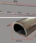 Metal bar measuring 2 meters with diameter and dimensions labeled, showing cross-sectional thickness and length markings.