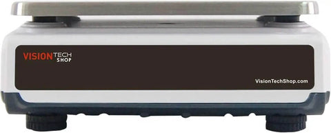 Front view of TVC-60 Built Tough Pro Grade Counting Scale For Parts And Coins With Switchable Lb/Kg, 60lb Capacity, stainless steel platter.