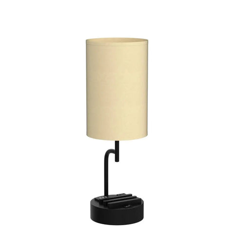 Bedside Table Lamp With Three USB Ports And AC Outlet Cream, Modern Desk Lamp with cylindrical cream shade, phone stand base