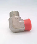 1 1/4 Inch NPT Male Threads 90 Degree Elbow Hydraulic Pipe Fitting Badass Stainless Steel Construction with red cap for fluid transfer.