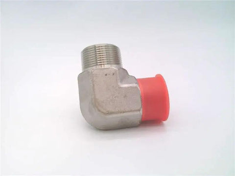 1 1/4 Inch NPT Male Threads 90 Degree Elbow Hydraulic Pipe Fitting Badass Stainless Steel Construction with red cap for fluid transfer.