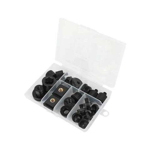 Game Changer 19 Piece Camera Screw Mount Kit Featuring Smooth 1 4 3 8 And 5 8 Thread Converters Plus Cold Shoe Adapter, assorted black adapters in storage case.