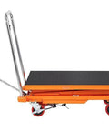 Side view of VEVOR hydraulic lift table cart with orange alloy steel platform, black non-slip pad, and four wheels