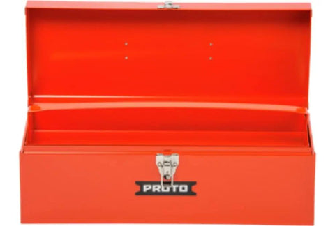 Red General Purpose Tool Box With Removable Steel Tote Tray, lid open, showing internal compartment, heavy duty side handles visible