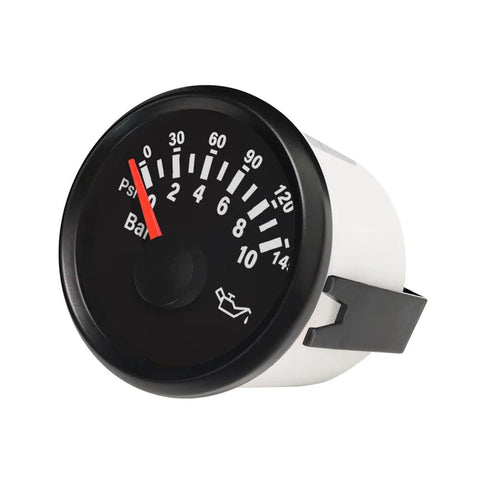 Front view of a 52mm oil pressure gauge with black dial, red needle, backlit display.