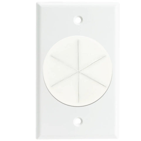 Slick Grommet Wall Plate For In-Wall Cable Management And Wire Concealment To Clean Your Rig Via Hdmis Ethernet And Speaker Cable Routing Through Walls Making Room And Showcasing Smooth Durable Abs White Finish, front view.