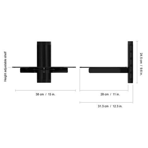 Wall Mounted Media Console Shelf With Adjustable Tempered Glass Tray For Your Streaming Gear Featuring Sturdy Steel Brackets And Nifty Cable Routing In Sleek Matte Black Finish