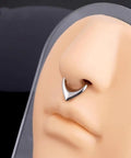 Thick V Shaped 16G Septum Ring 8mm Gold 316L Surgical Steel Puffed Hinged Teardrop Clicker Hoop worn on nose model