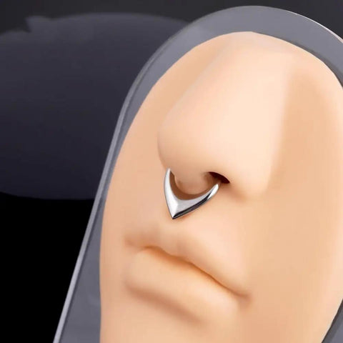 Thick V Shaped 16G Septum Ring 8mm Gold 316L Surgical Steel Puffed Hinged Teardrop Clicker Hoop worn on nose model
