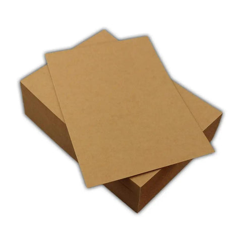 Ten Pack 8.5 By 11 Inch Chipboard Sheets For Crafting, Scrapbooking, Mounting, Backing, Framing, Packaging And Shipping Protection, 0.022 Inch Thick Cardboard Boards For Everyday DIY Projects. Two brown chipboard sheets stacked on box.