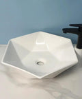 USZWBY Vessel Sinks Hexagonal Art Basin Sink Ceramic Wash Table Hotel Bathroom Single Bathroom Bowl Sink, white ceramic sink with black faucet.
