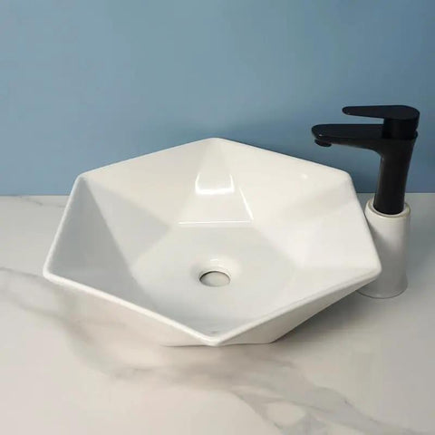 USZWBY Vessel Sinks Hexagonal Art Basin Sink Ceramic Wash Table Hotel Bathroom Single Bathroom Bowl Sink, white ceramic sink with black faucet.