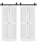 52 Inch By 84 Inch Two Panel Shaker Hollow Core White Composite Bi Fold Door With Barn Door Hardware Kit Includes 63 Inch Track And Two 26 Inch By 84 Inch Doors Built Tough From Durable MDF To Stand Up To Heat And Humidity.