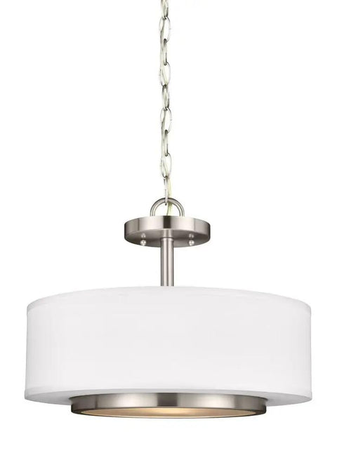Nance Two Light Semi Flush Convertible Pendant Light Fixture In Brushed Nickel Finish with off-white drum shade